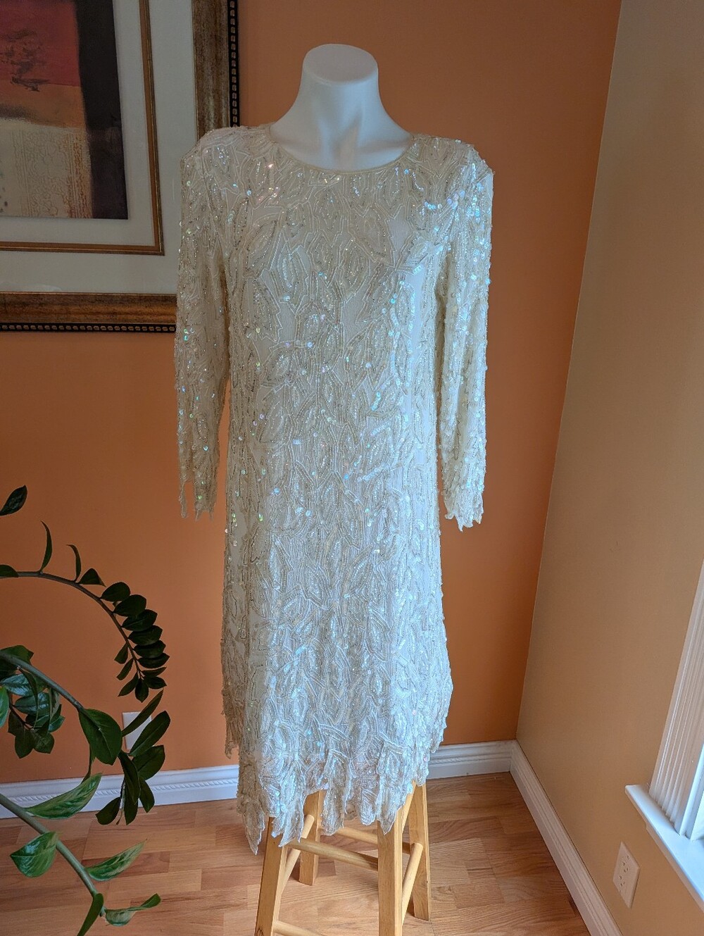 Vintage ILLustRAtions Ivory Sequin Sheath Dress with Long Sleeves SzM Silk